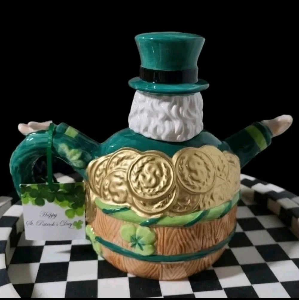 3pc St Patrick's Day Lucky Shamrock Leprechaun Pot O' Gold Teapot Sugar Creamer